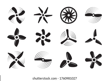 Propellers silhouette set. Modern retro coolers turbine rotary turbulence airplanes stylish ventilation cooling systems graphic power air flow ship rotation energy. Aerial vector silhouette.