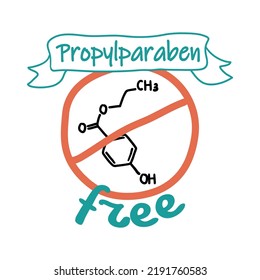 Propelparaben free, cosmetic package label design. Beauty product without chemical ingredient sticker, vector illustration. Isolated on white emblem, line icon formula in crossed round with sign