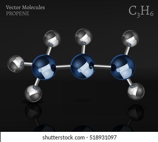 Propene molecule in 3D style. CH4 vector illustration isolated on a dark grey background. Scientific, educational and popular-scientific concept.