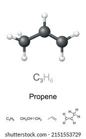 Propene, also propylene, ball-and-stick model, molecular and chemical formula. Hydrocarbon. Second simplest alkene, and second most important starting product in petrochemical industry after ethylene.