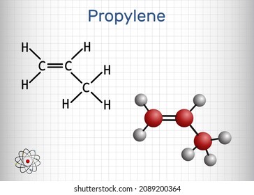 Propene, propylene molecule. It is simplest member of the alkene class of hydrocarbons, unsaturated organic compound with double bond. Sheet of paper in a cage. Vector illustration svg