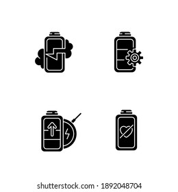 Für den richtigen Akkubetrieb sind schwarze Symbole auf weißem Raum eingestellt. Geräteexplosionsfähigkeit. Richtige Werkseinstellungen. Null Prozent. Drahtlose Technologie. Silhouettensymbole. Vektorgrafik einzeln