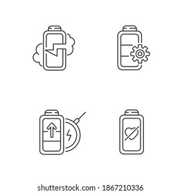 Proper battery usage linear icons set. Device explosion posibility. Right factory settings. Customizable thin line contour symbols. Isolated vector outline illustrations. Editable stroke