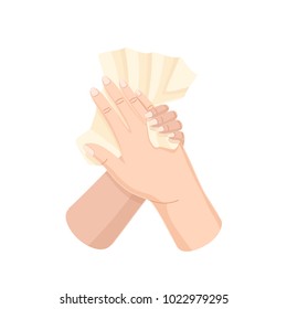 Proper care of hands, washing, preventive maintenance of bacteria. Proper movements when washing. Wipe hands and fingers towel after procedure. Disinfection, sanitary hygiene. Vector illustration.