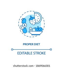 Proper diet concept icon. CFS treatment idea thin line illustration. Eating vegetables and fruit. Nutrient-dense green food. Vector isolated outline RGB color drawing. Editable stroke