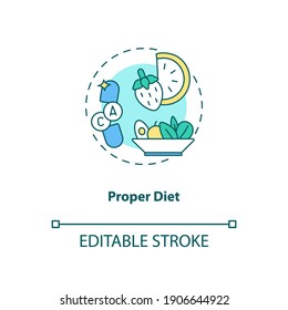 Proper diet concept icon. CFS treatment idea thin line illustration. Eating vegetables and fruit. Providing body with essential nutrition. Vector isolated outline RGB color drawing. Editable stroke