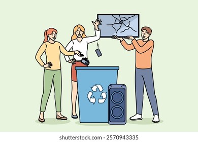 Proper disposal of household appliances for recycling is demonstrated by people throwing devices into trash can. Guy and two girls are recycling household appliances to reduce non-recyclable waste.