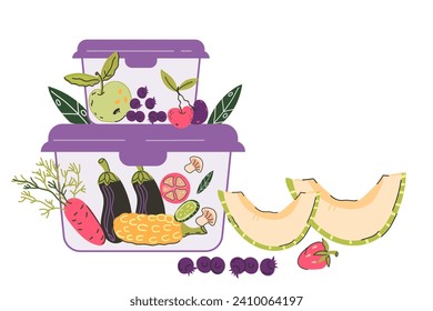 Proper food storage and packaging, preserving nutrition and ensuring food safety. Food in containers for storage to maintain nutritional value and freshness concept, vector illustration isolated.