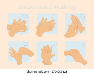Proper hand washing. Instruction manual. A set of consecutive icons.Sanitary individual hygiene. Vector graphics. Palms. Pastel shades of blue and beige.