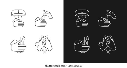 Proper handwashing linear icons set for dark and light mode. Hand-drying method. Wetting hands with water. Customizable thin line symbols. Isolated vector outline illustrations. Editable stroke