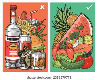 Proper healthy nutrition flyer colorful with call to give up alcohol and fastfood in favor of healthy food vector illustration