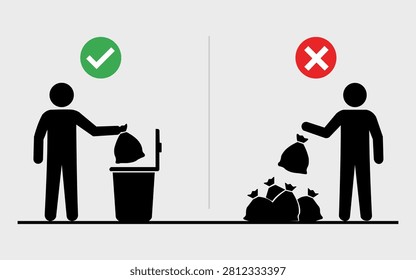 Proper and improper garbage disposal methods for household waste management trash bin.