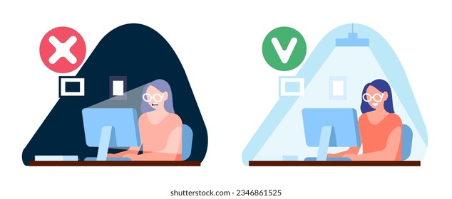 Iluminación adecuada e inadecuada del lugar de trabajo. Mujer trabajando en un escritorio con computadora. Mesa de oficina iluminada con lámpara. Organización de luz equivocada y correcta. Incorrecto