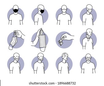 Proper and improper way of wearing surgical mask for virus protection. Vector illustrations of the correct and incorrect way of using medical mask. Covidiot wearing mask ineffectively during pandemic.