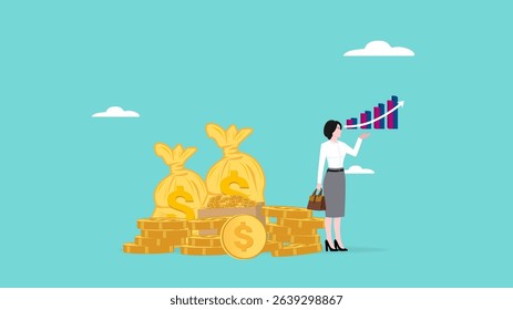 Proper Investment Strategy For Financial Success with professional business woman investor holding financial growth chart with stack of gold coins money
