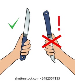Manejo correcto de la cuchilla: formas correctas e incorrectas de sostener una cuchilla - concepto de seguridad de la cocina.