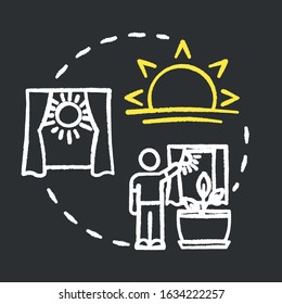 Proper lighting chalk RGB color concept icon. Home gardening. Photosynthesis. Herbs cultivating. Adequate sunlight idea. Vector isolated chalkboard illustration on black background