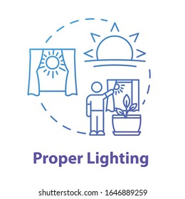 Icono de concepto de iluminación adecuada.Jardinería doméstica. Fotosíntesis. Hierbas cultivando. Ilustración adecuada de la idea delgada de la luz solar. Dibujo de color RGB con contorno aislado del vector