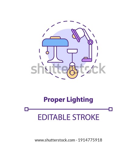 Proper lighting concept icon. Workplace design idea thin line illustration. Good lighting ergonomics at desk. Adjusting color temperature. Vector isolated outline RGB color drawing. Editable stroke