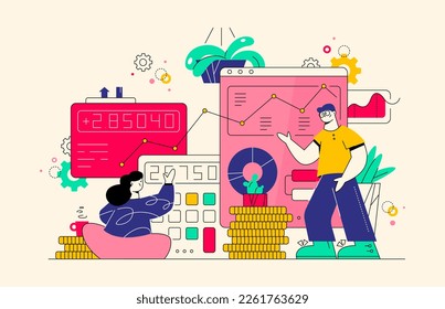Proper money management. People analyze the budget. Young financial consultants with a calculator consider the income and expenses of the company. Cartoon modern flat vector illustration