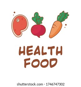 Proper nutrition. Balanced food. Logo. Nutritionist. Label with steak, carrot and beets. Farm food store. Healthy food. Fresh food. Vegetables and meat icons. Vegetable shop 