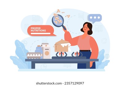 Proper nutrition. Character cooking healthy food. Homemade organic nutritions full of vitamins. Modern lifestyle habit for longevity and physical wellbeing. Flat vector illustration