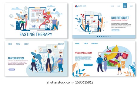 Proper Nutrition, Diet, Vegetarianism and Fasting Treatment Methods for Obese People. Trendy Flat Landing Page Design Set. Nutritionist Consultation. Medical Professional Approach. Vector Illustration