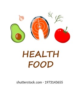 Proper nutrition. Healthy food concept. Health food store. Logo for a healthy food store. Diet food. Organically healthy foods. Trout, avocado, tomato symbols. garlic and dill