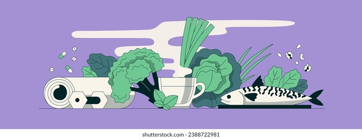 Un concepto adecuado de nutrición y estilo de vida saludable. Broccoli, té verde, pescado, col, verduras y alimentos ricos en vitaminas y microelementos. Estera y campanas de yoga. Ilustración vectorial. Banner horizontal.