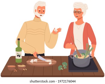 Proper nutrition, healthy lifestyle and vegetarianism concept. Elderly couple is preparing soup with mushrooms and vegetables. Old man and woman mix ingredients for meatless vegetarian dish