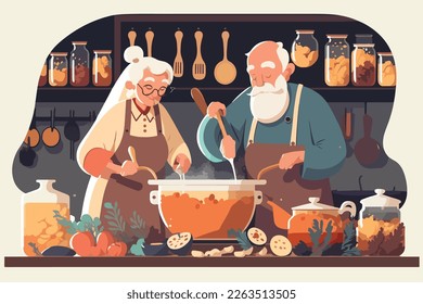 Proper nutrition, healthy lifestyle and vegetarianism concept. An elderly couple is preparing soup with mushrooms and vegetables in kitchen.
