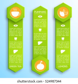 Proper nutrition infographic template with vertical banners tea pumpkin lemon and human organs icons vector illustration