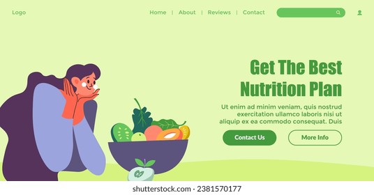 Planificación nutricional adecuada para un estilo de vida saludable. Examen de las necesidades y limitaciones individuales. dieta equilibrada para vegetarianos y veganos. Página de aterrizaje del sitio web, vector del sitio de internet en estilo plano