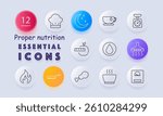 Proper nutrition set icon. Circular outlined icons illustrate sleep, chef hat, tea, scales, oil, apple, heating, bowl, meat, cooking pan, and measurement graphics for health and food