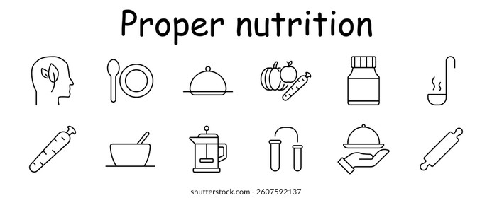 Proper nutrition set icon. Profile with leaf, spoon, plate, dish, fruits, supplement, ladle, carrot, bowl, press pot, test tube, hand with plate, roller.