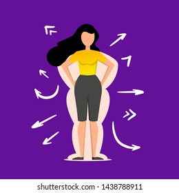 Proper nutrition and sport. Healthy lifestyle concept. Cartoon creative concept of female body and obesity, arrows around female silhouette