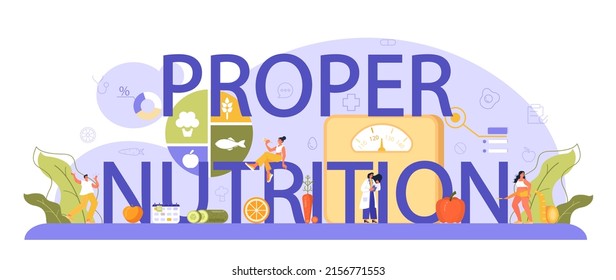 Proper nutrition typographic header. Nutrition therapy with healthy food and physical activity. Weight loss program and diet plan. Vector illustration in cartoon style