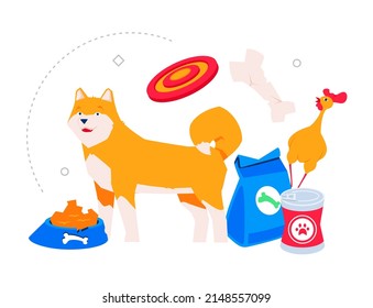 Proper nutrition for your pet - modern colored vector poster on white background with Akita Inu dog, dry food in bowl, bone, tin can, frisbee and chicken squeaker. Domestic animal care idea