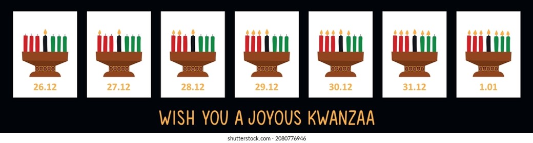 Proper order of lighting the Kinara. Step-by-step instructions on how to light candles during the celebration of Kwanzaa. African American holidays card. Traditional Kwanzaa symbols.