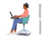 Proper Pose Working on Pc, Female Character Sits With A Straight Back, Elbows At 90 Degrees on the Desk, And Eyes At Screen Level, Wrists Neutral, For Ergonomic Laptop Use. Cartoon Vector Illustration