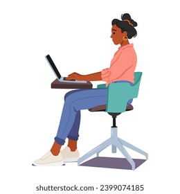 Proper Pose Working on Pc, Female Character Sits With A Straight Back, Elbows At 90 Degrees on the Desk, And Eyes At Screen Level, Wrists Neutral, For Ergonomic Laptop Use. Cartoon Vector Illustration