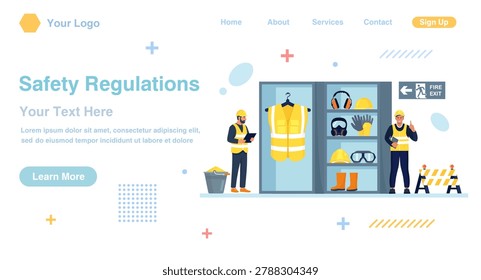 Proper PPE storage. Comprehensive set of essential personal protective equipment for construction workers. OSHA essentials set. Occupational safety regulations