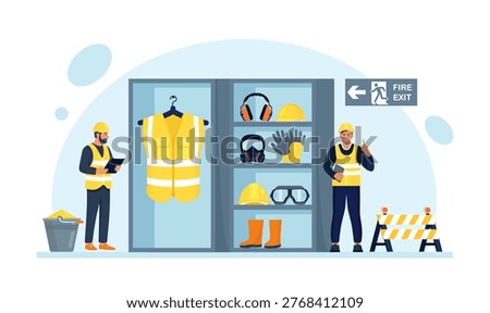 Proper PPE storage. Comprehensive set of essential personal protective equipment for construction workers. OSHA essentials set. Occupational safety regulations