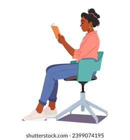 Proper Reading Pose On The Chair. Black Female Character Seated Comfortably, Spine Straight, Hands Gently Cradling A Book, Eyes Immersed In The Pages. Cartoon People Vector Illustration
