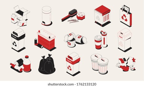 Proper recycling waste sorting garbage set isometric red white black vector illustration