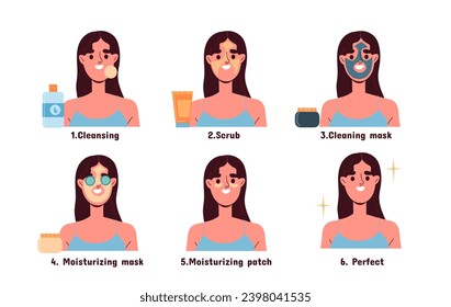 Proper skin care set. Beauty procedures. Elegance and aesthetics. Woman with face masks and cosmetics products. Cream and lotion. Cartoon flat vector collection isolated on white background