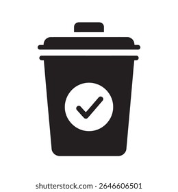 Ícone de glifo de descarte de lixo apropriado mostrando lixeira com marca de seleção para reciclagem correta e tarefa de lixo concluída vetor ilustração vetor ícone de glifo sólido