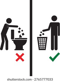 Proper Waste Disposal Sign Throw Trash In Bin Do Not Flush Waste Symbol
