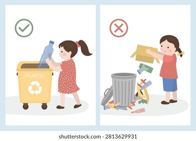 Proper waste disposal versus careless littering, demonstrating environmental responsibility. Infographic on proper waste management and mistaken practice of littering. Girl with garbage, trash can.