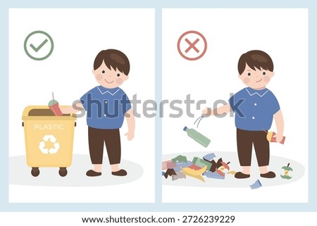 Proper waste disposal versus careless littering, demonstrating environmental responsibility. Infographic on proper waste management and mistaken practice of littering. Boy with garbage and trash can.
